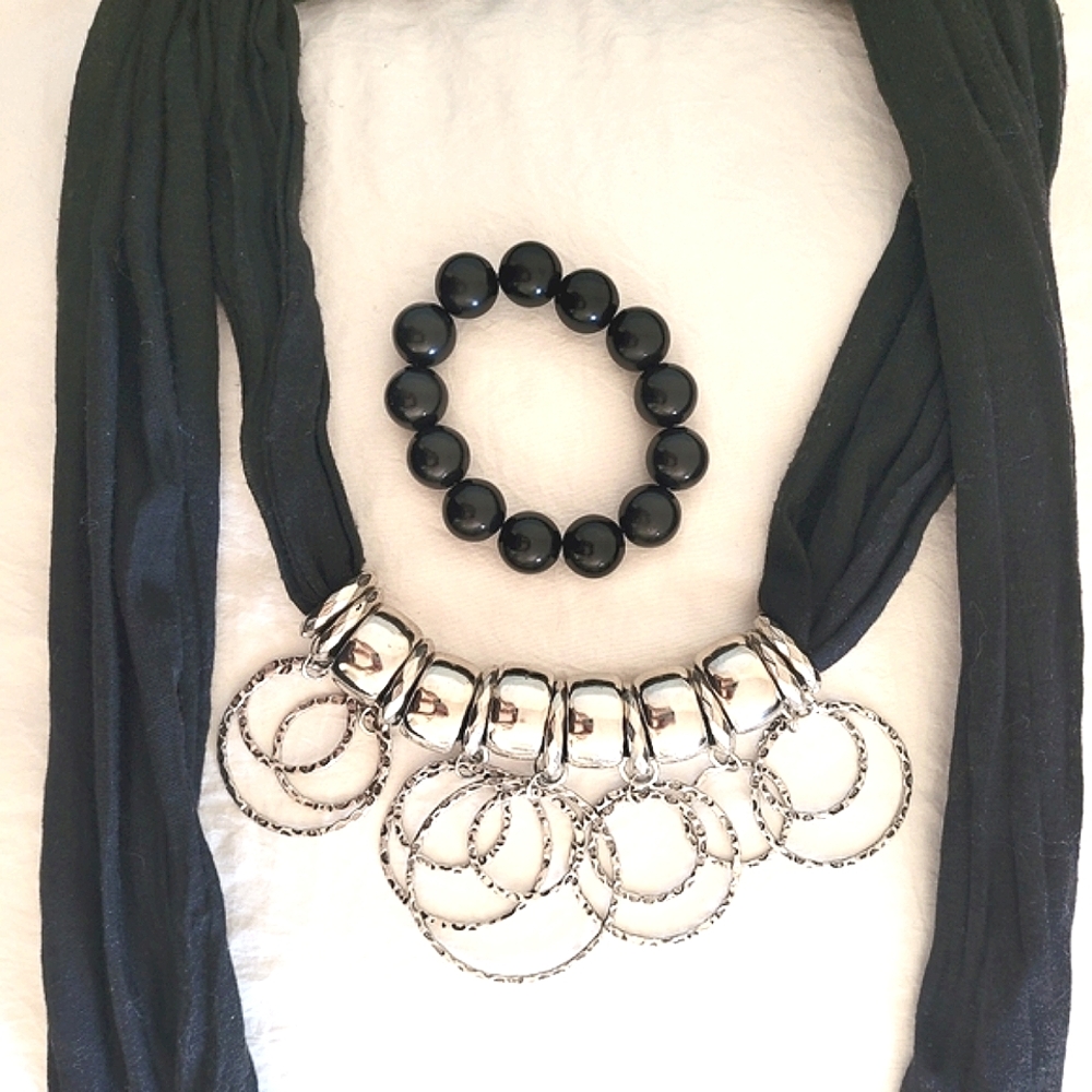 Black Scarf Necklace & Elastic Bead Bracelet